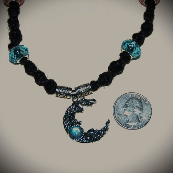 Art Nouveau Celestial Crescent Moon on an 18 1/2" Handmade Black Hemp Necklace - Picture 4 of 5